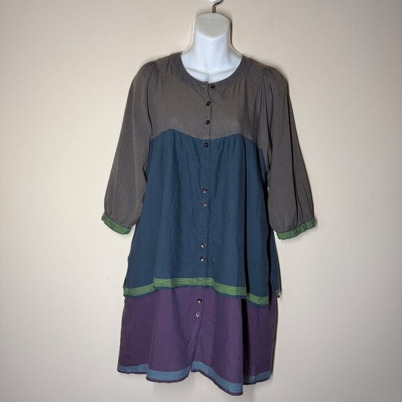 Gudrun Sjoden 3/4 Sleeve Button Up Colorblock Dress Multi Womens Size S Boho - Picture 2 of 7